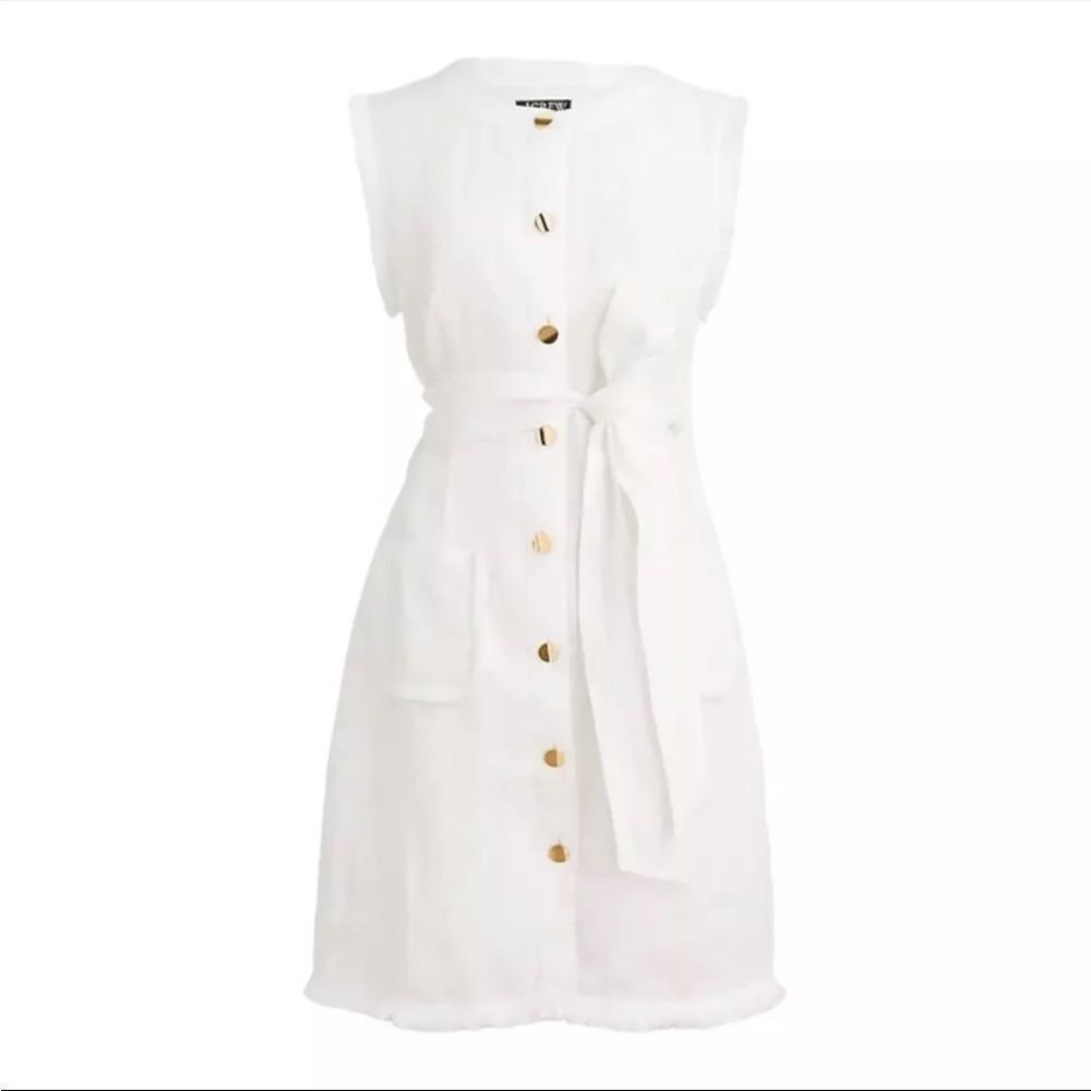 J. Crew White Sleeveless Button-Front Mini Dress with Tie Waist